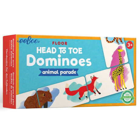 Dominoes Head to Toe box with animal parade illustrations including bear, fox, and giraffe for children's floor play.