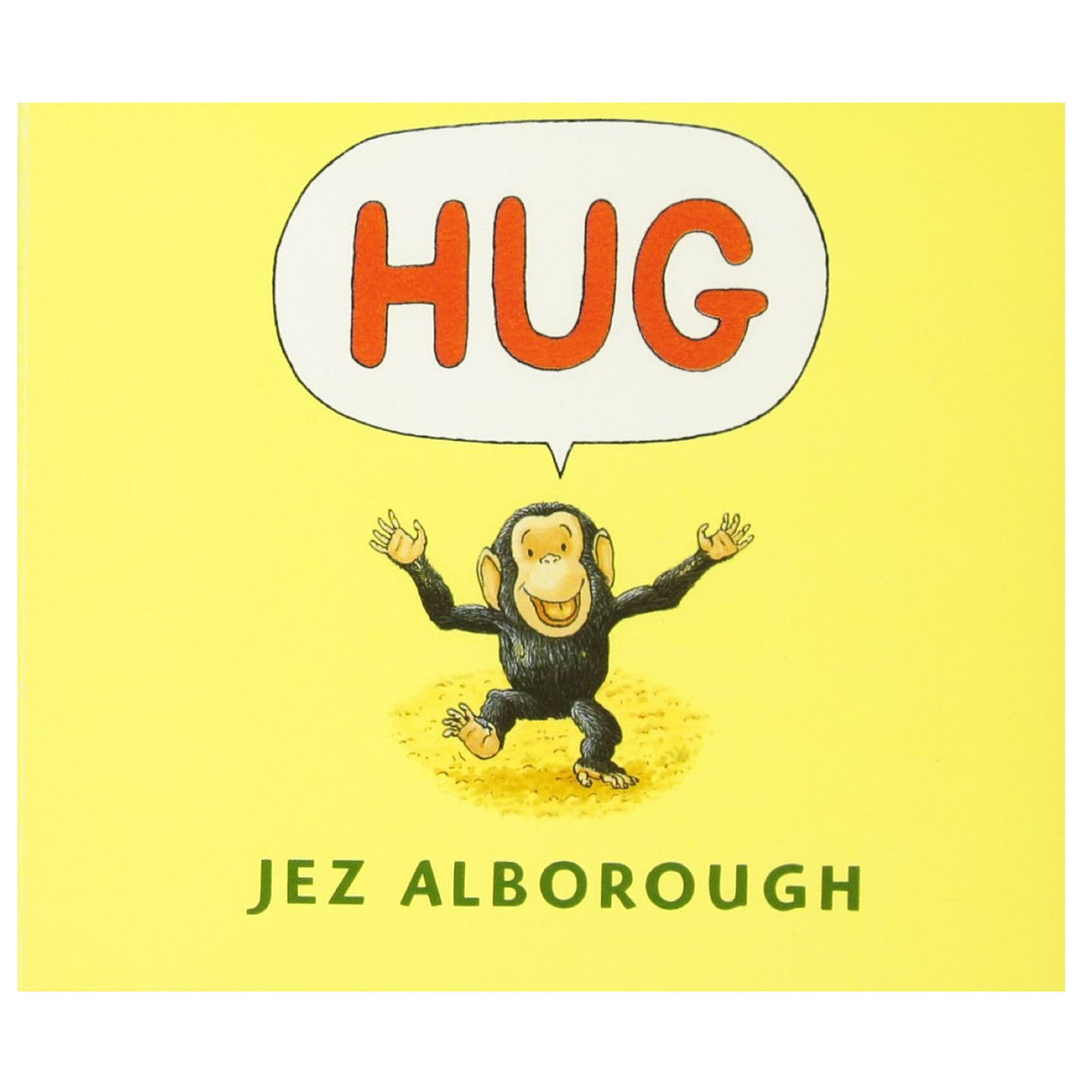Cover of the product Hug showing a cheerful chimpanzee with arms open under the word Hug on a yellow background.