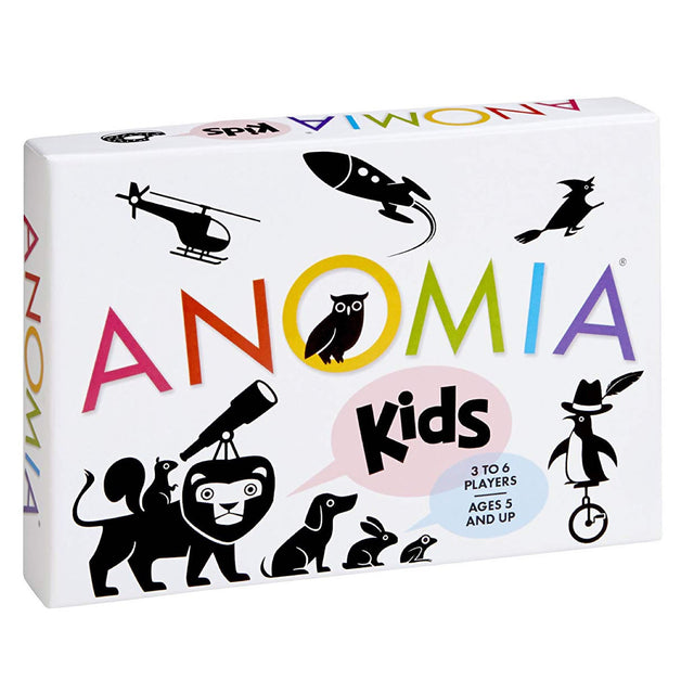 Anomia Kids game box with colorful letters and playful animal illustrations for ages 5 and up, 3 to 6 players.