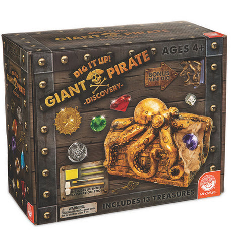 Dig It Up Pirate Discovery featuring a treasure chest, jewels, pirate key, and excavation tools for kids ages 4+.