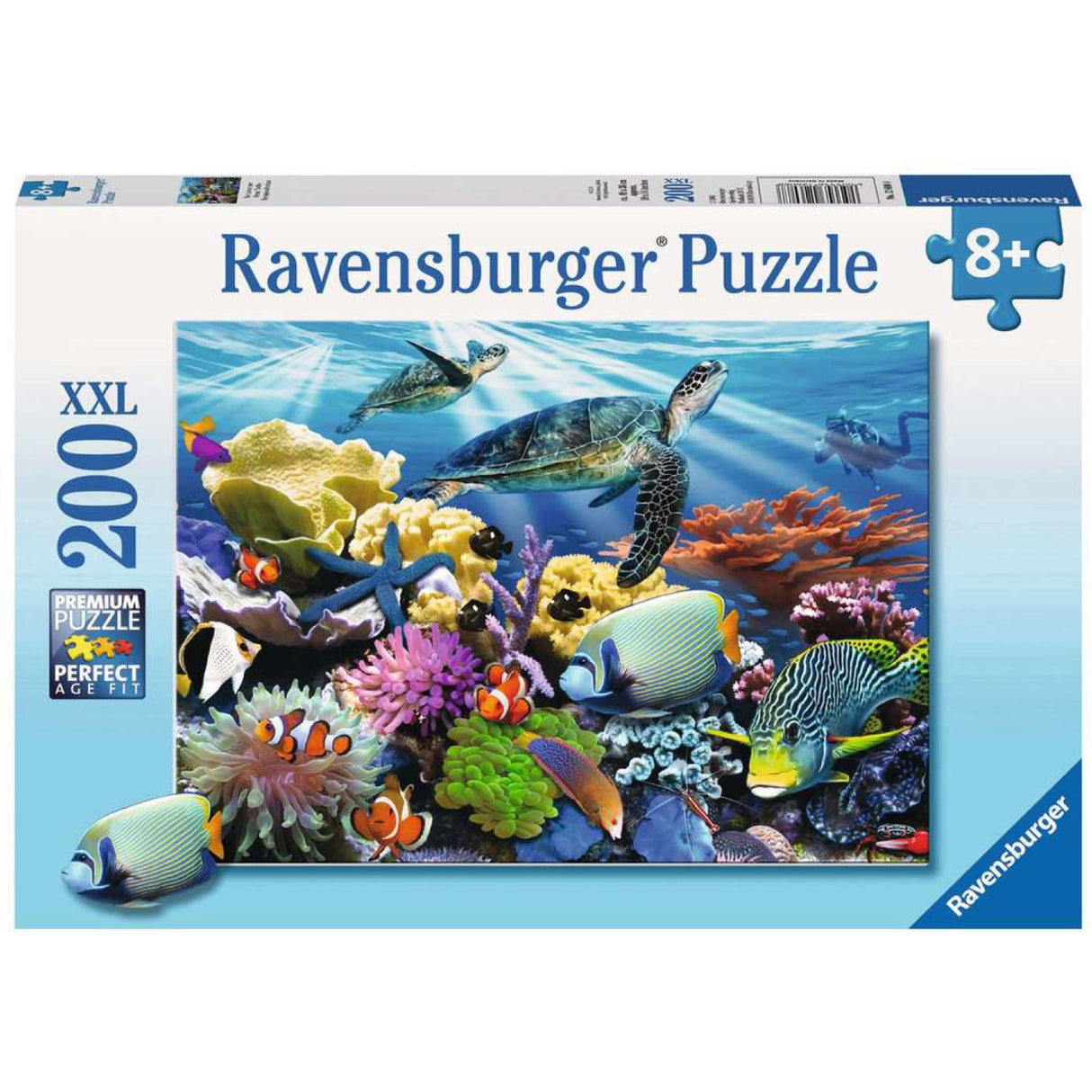 200pc Ocean Turtles Puzzle featuring vibrant underwater sea turtles and colorful coral reef for ages 8 and up.