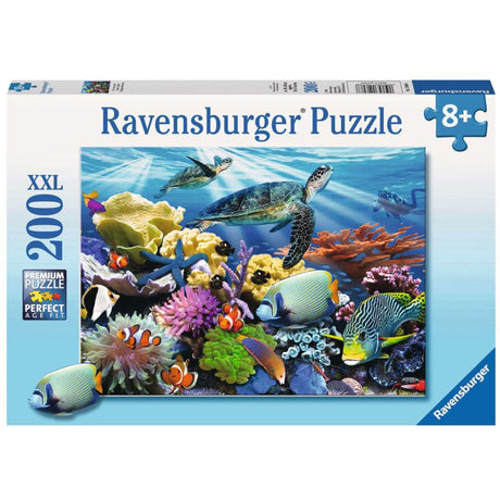 200pc Ocean Turtles Puzzle featuring vibrant underwater sea turtles and colorful coral reef for ages 8 and up.
