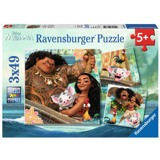 49pc Moana Voyage Puzzles featuring three 49-piece Ravensburger puzzles with Moana characters for ages 5 and up.