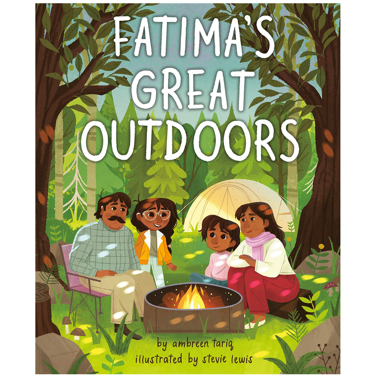 Cover of Fatima's Great Outdoors showing a family camping by a fire in a lush green forest setting.