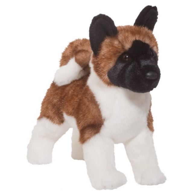 Akita stuffed dog with classic curly tail and black, brown, white fur, 16 inches soft plush toy for kids.