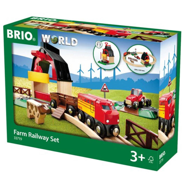 Farm Railway Set with toy train, tractor, cow, crane, and barn on wooden track for kids ages 3 and up.