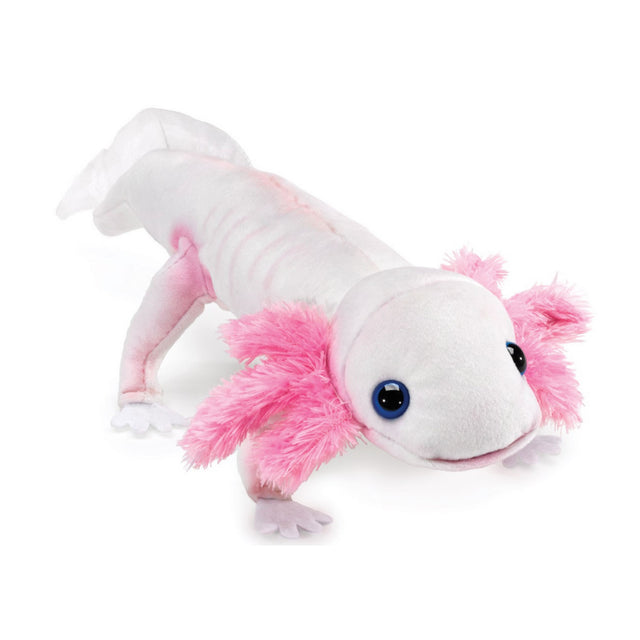 Axolotl Puppet with feathery pink gills, movable head and tail, soulful eyes, soft white body marine salamander toy.