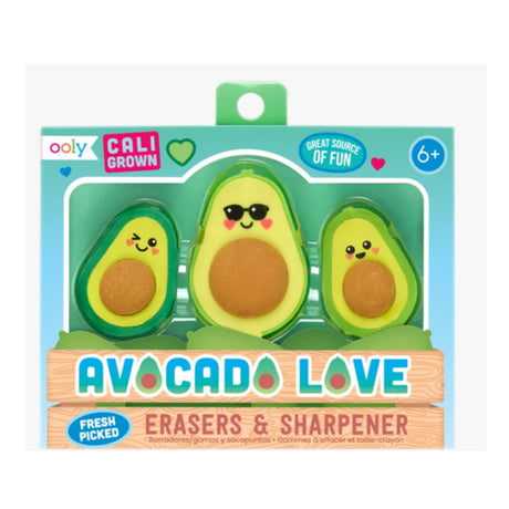 Avocado Love Erasers set with two cute avocado erasers and one avocado sharpener wearing sunglasses in packaging.