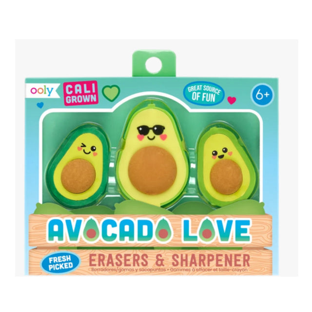 Avocado Love Erasers set with two cute avocado erasers and one avocado sharpener wearing sunglasses in packaging.
