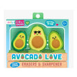 Avocado Love Erasers set with two cute avocado erasers and one avocado sharpener wearing sunglasses in packaging.