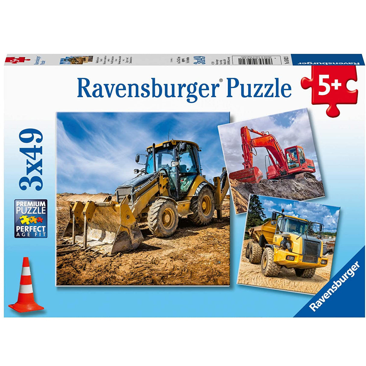 49pc Diggers at Work Puzzles featuring construction vehicles for children ages 5 and up with 3 puzzles of 49 pieces each.