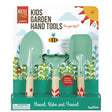 Garden Tools Set with shovel, rake, and trowel featuring metal heads and hardwood handles for kids 5 years and up.