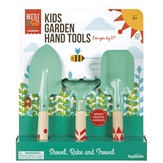 Garden Tools Set with shovel, rake, and trowel featuring metal heads and hardwood handles for kids 5 years and up.