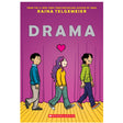 Drama book cover by Raina Telgemeier shows three kids walking on stage with a heart above middle character.