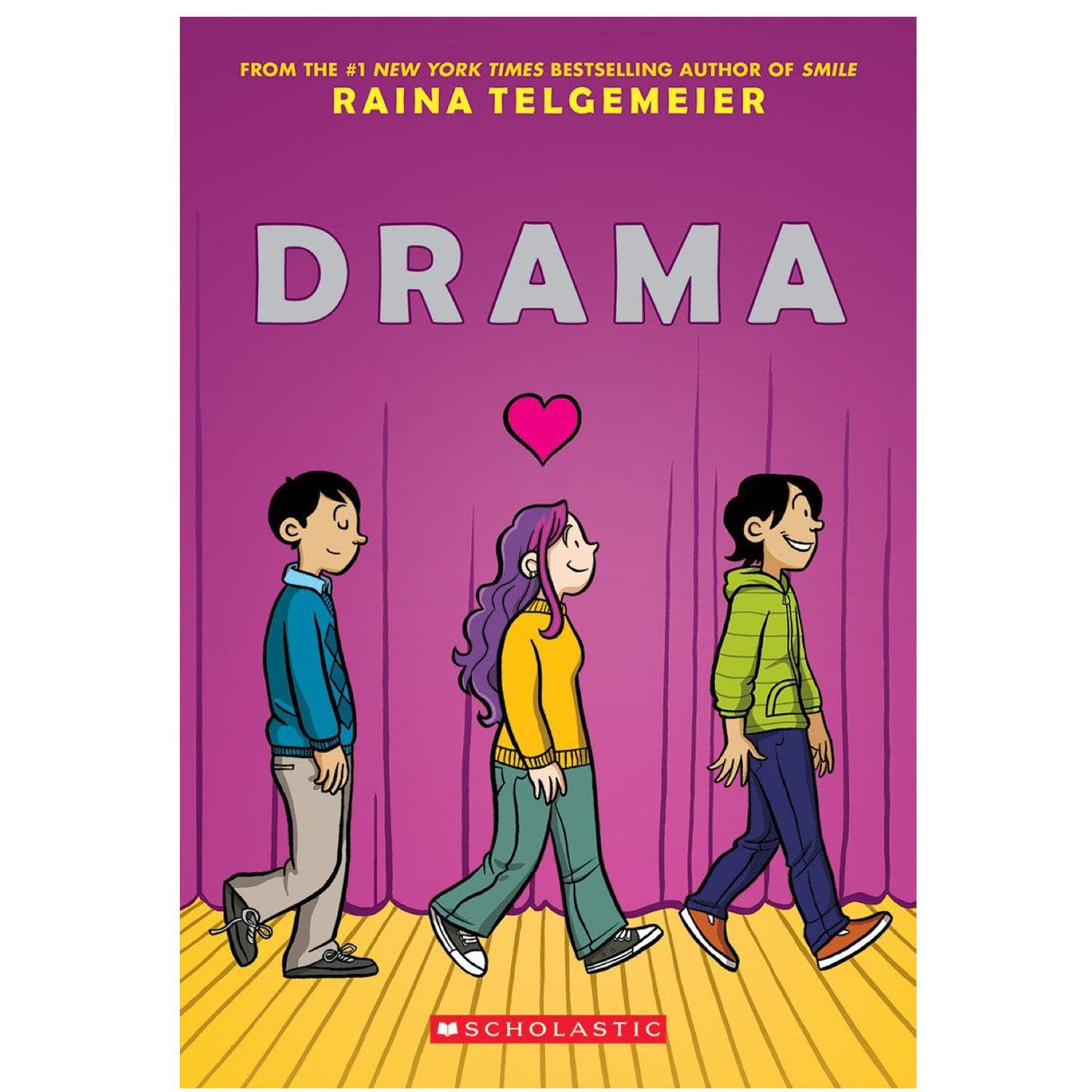 Drama book cover by Raina Telgemeier shows three kids walking on stage with a heart above middle character.