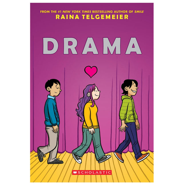 Drama book cover by Raina Telgemeier shows three kids walking on stage with a heart above middle character.