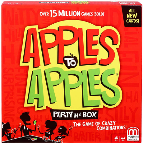 Apples to Apples party game box with colorful logo and silhouettes of people playing cards on red background.