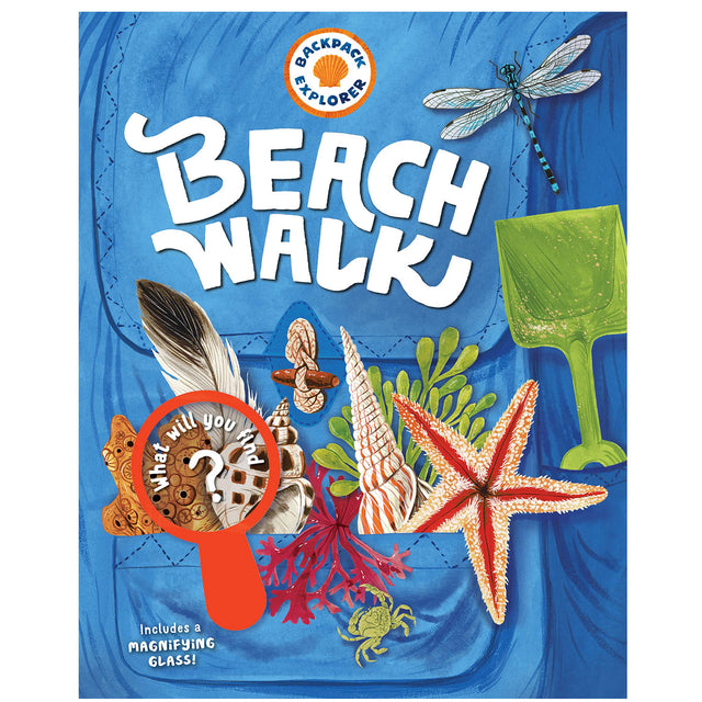 Backpack Explorer: Beach Walk cover with shells, starfish, magnifying glass, and green shovel on a blue background.
