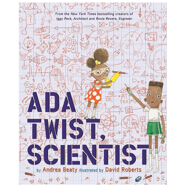 Cover of Ada Twist, Scientist book showing a girl with glasses and lab coat holding a pencil amid scientific doodles.