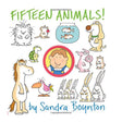 Fifteen Animals cover shows cartoon animals and a boy, featuring Sandra Boynton’s lively counting book for ages 0-4.
