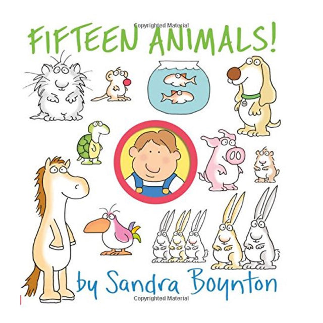 Fifteen Animals cover shows cartoon animals and a boy, featuring Sandra Boynton’s lively counting book for ages 0-4.