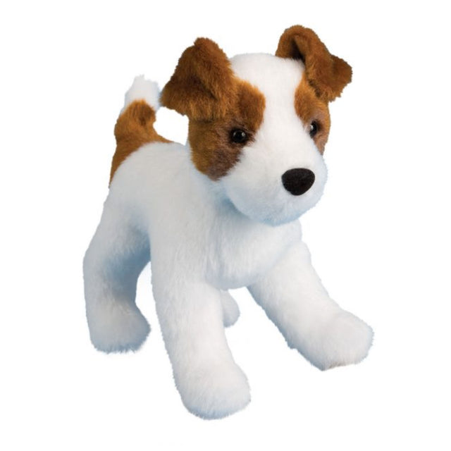 Jack Russell Terrier Fiesty plush toy with soft white fur and brown ears, perfect for dog lovers and collectors.