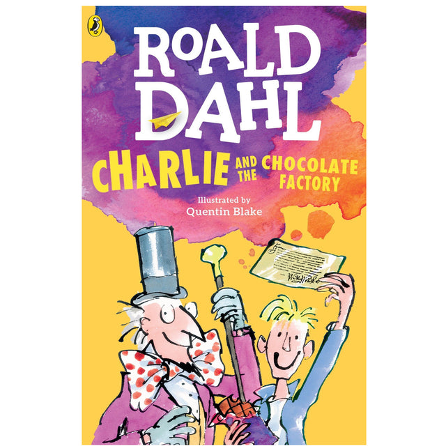 Charlie and the Chocolate Factory book cover by Roald Dahl featuring Willy Wonka and Charlie with bright colorful illustration