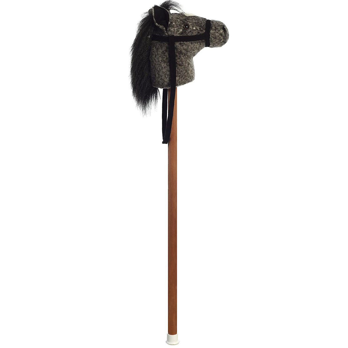 Hobby Horse Dapple plush stick pony with fabric bridle and wooden stick, designed for imaginative play and safety.