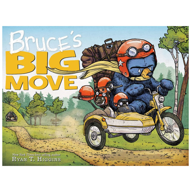 Bruce's Big Move book cover showing Bruce the bear riding a motorcycle with a sidecar in a forest setting.