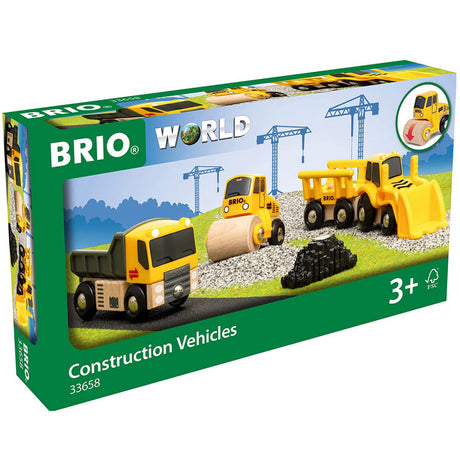 BRIO World Construction Vehicles set with natural wooden tipper truck, steam roller, loader, and concrete pile for kids 3+.