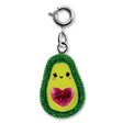 Glitter Avocado Charm with green glitter border and pink heart center, 3D enamel and poly resin design keychain accessory.