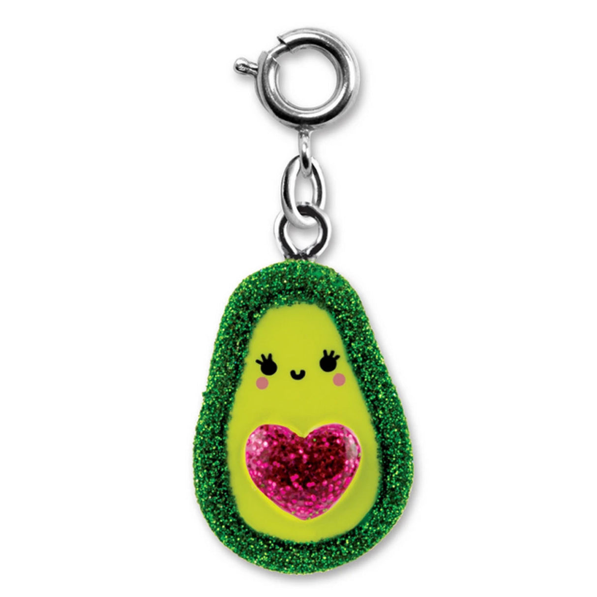Glitter Avocado Charm with green glitter border and pink heart center, 3D enamel and poly resin design keychain accessory.