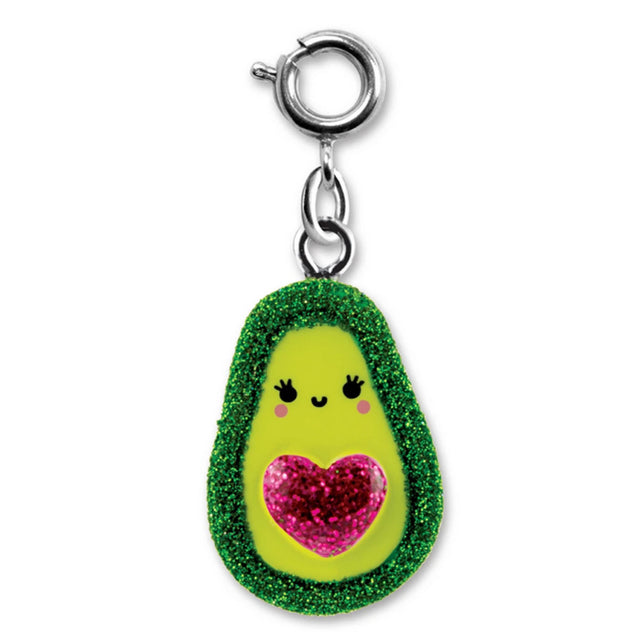 Glitter Avocado Charm with green glitter border and pink heart center, 3D enamel and poly resin design keychain accessory.