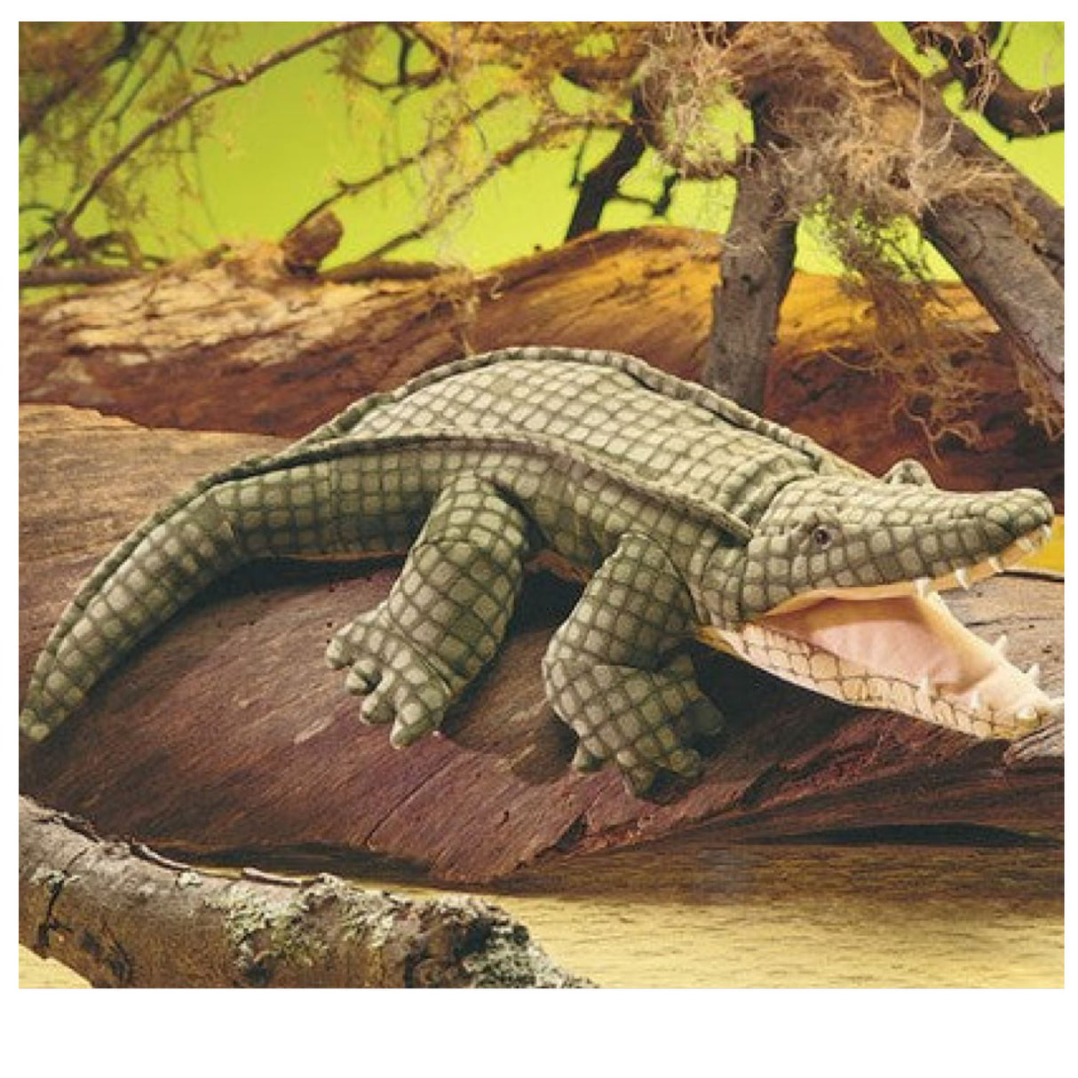 Alligator Puppet with soft velour body and plastic teeth posed on a riverbank log in a natural setting.