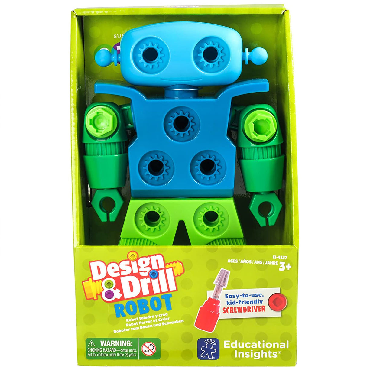 Design & Drill Robot toy with snapping arms, multicolored bolts, and kid-friendly screwdriver for preschool STEM play.