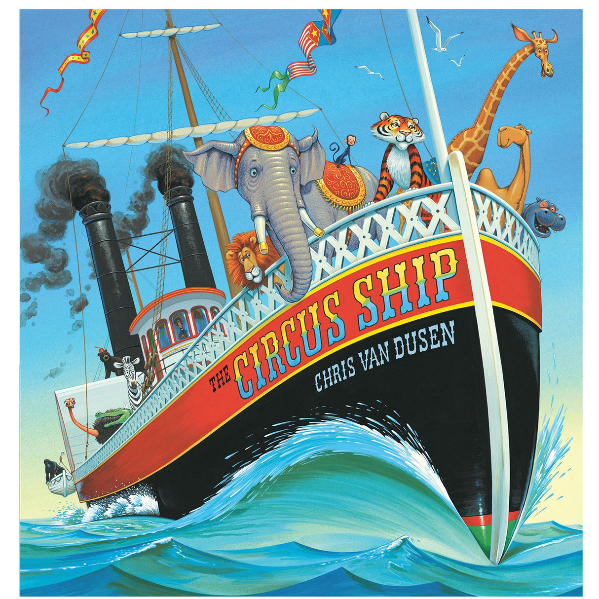 Circus Ship book cover showing a colorful ship with circus animals including an elephant, tiger, lion, giraffe, and camel on board.