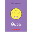 Cover of Guts by Raina Telgemeier featuring a worried emoji face on purple background for kids aged 8-12.