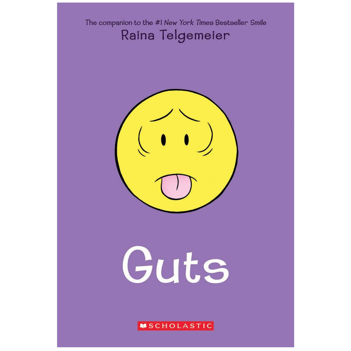 Cover of Guts by Raina Telgemeier featuring a worried emoji face on purple background for kids aged 8-12.