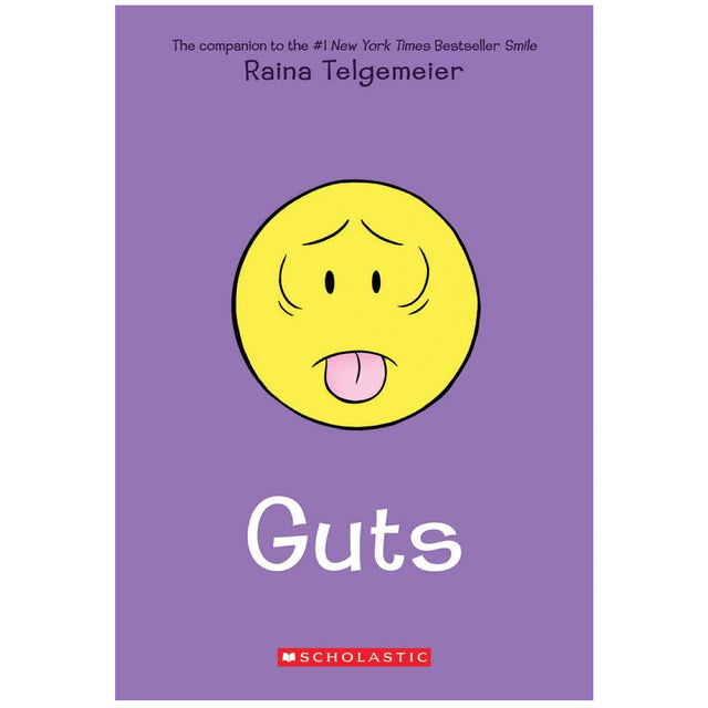 Cover of Guts by Raina Telgemeier featuring a worried emoji face on purple background for kids aged 8-12.