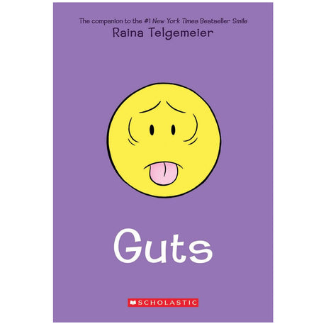 Cover of Guts by Raina Telgemeier featuring a worried emoji face on purple background for kids aged 8-12.