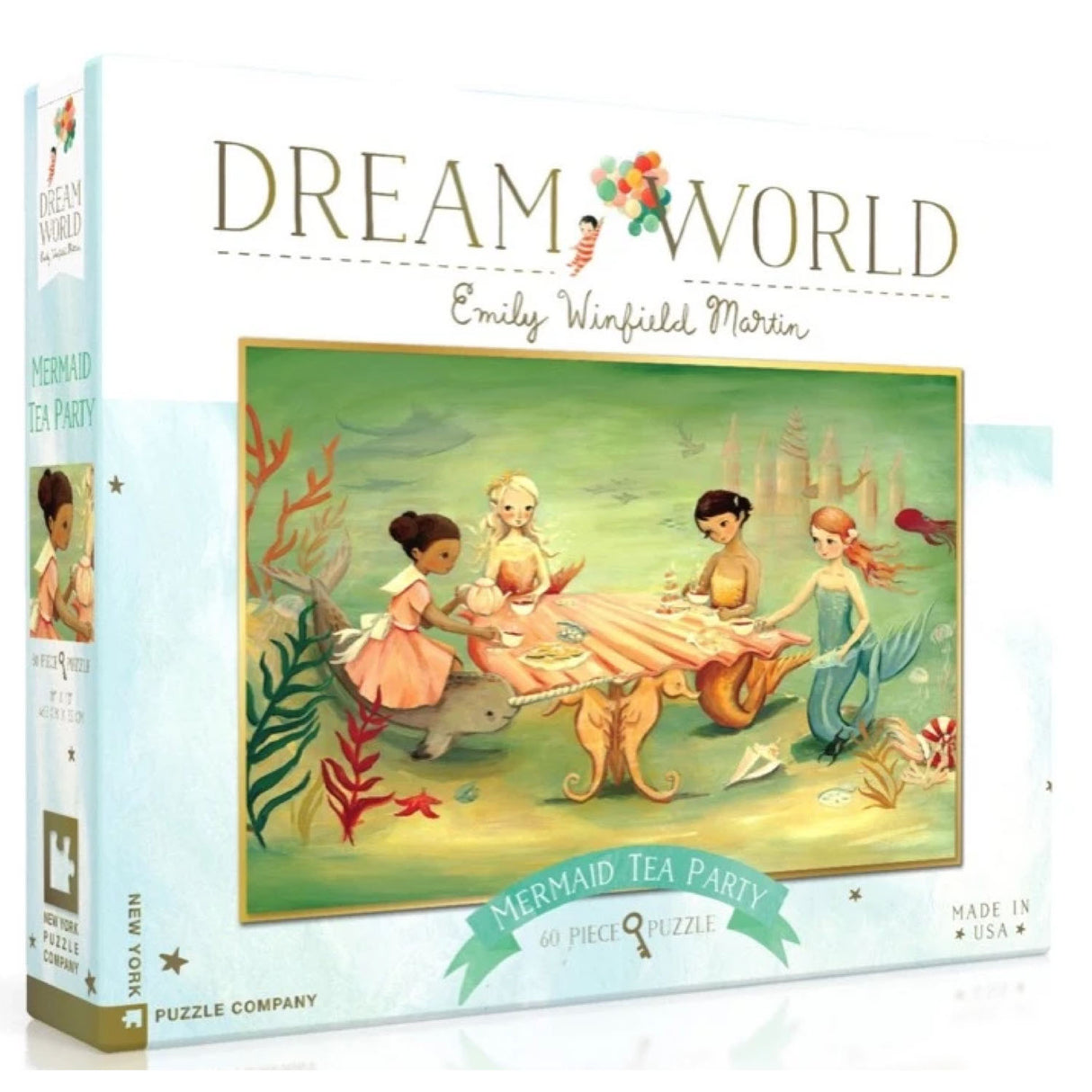 60pc Mermaid Tea Party Puzzle featuring mermaids at an underwater tea party with a linen finish, 19x13 inches.