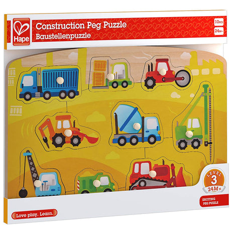 9pc Construction Vehicles Peg Puzzle with colorful wooden vehicle pieces for toddlers to develop skills and learn construction vehicle names.