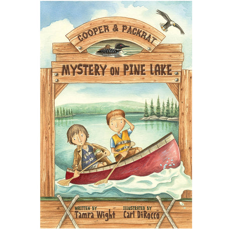 Cooper and Packrat: Mystery on Pine Lake book cover shows two boys in a canoe on a lake under a wooden sign.