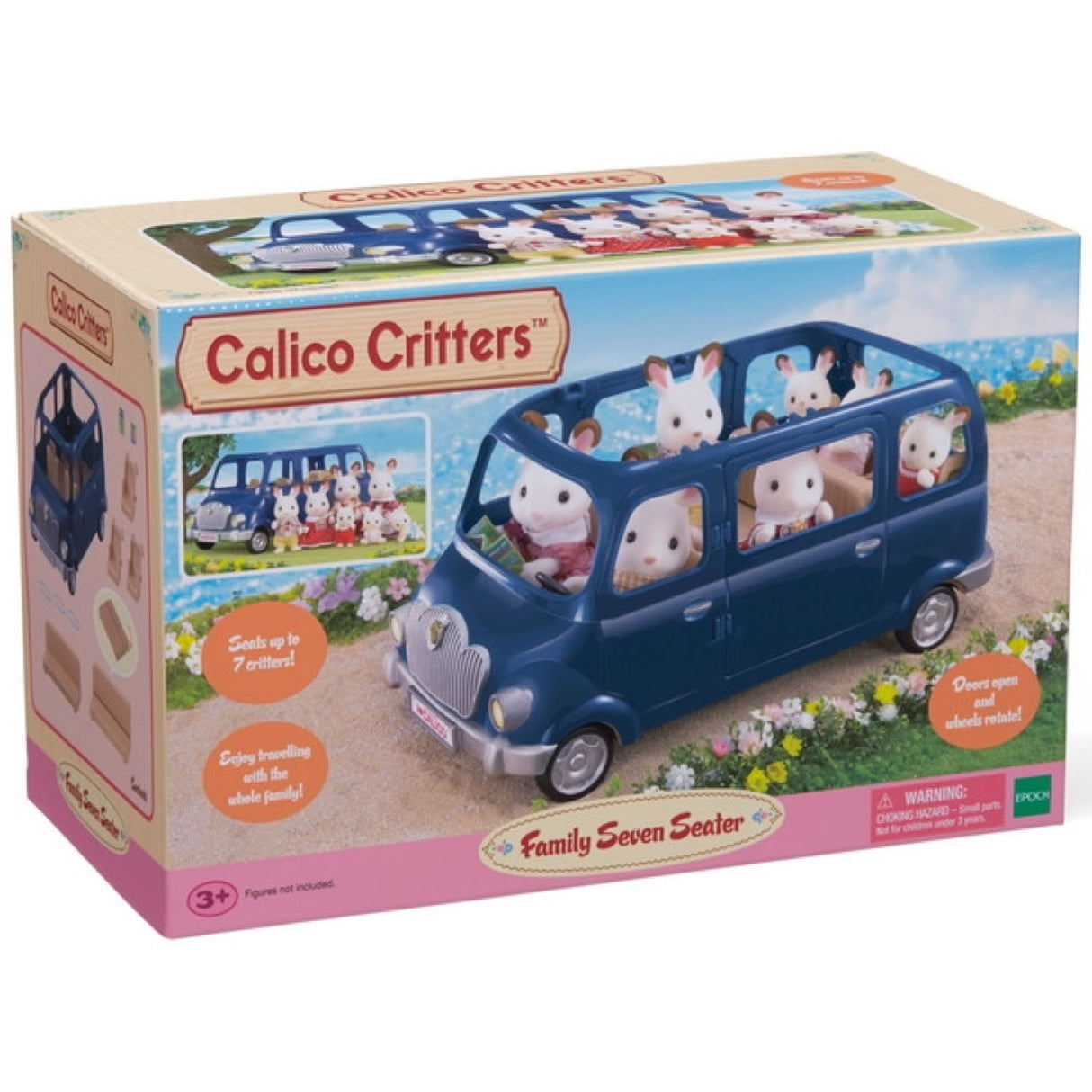 Calico Critters Family Seven-Seater toy car with 7 seats, opening doors, rotating wheels, and baby seats with safety straps.