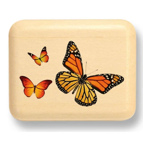 2" Flat Narrow Aspen Monarch Butterfly box with sliding lid and colorful butterfly design for trinket storage and display.