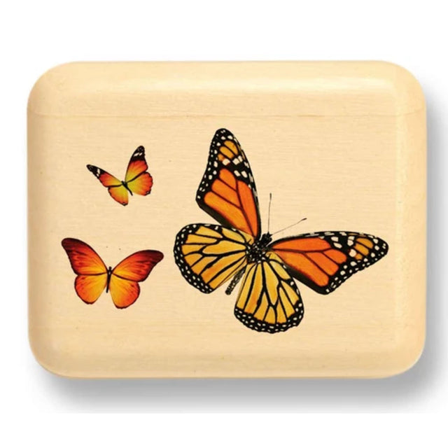 2" Flat Narrow Aspen Monarch Butterfly box with sliding lid and colorful butterfly design for trinket storage and display.