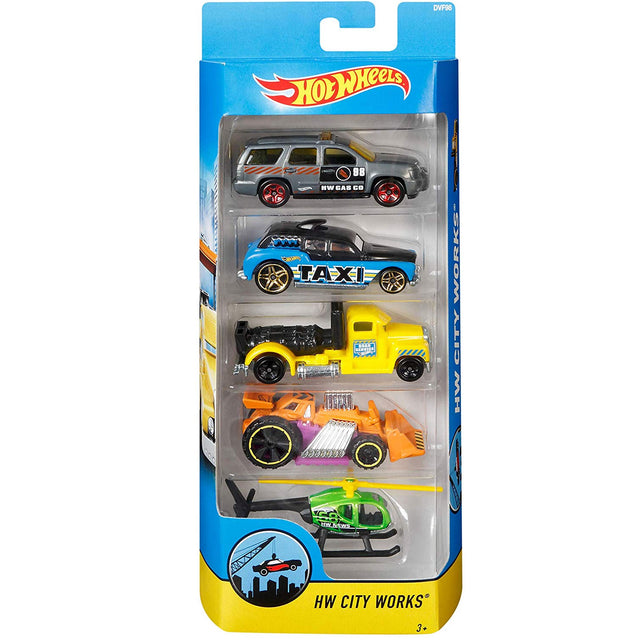 Hot Wheels 5pk featuring five detailed 1:64 scale die-cast vehicles with a city works theme in colorful packaging.