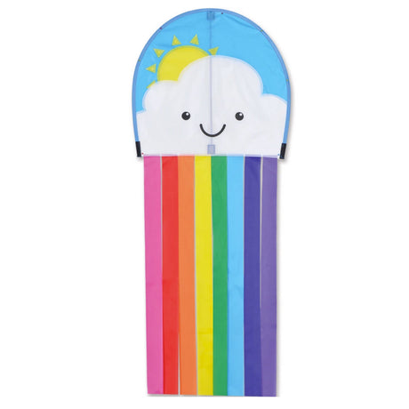 Happy Cloud kite with smiling cloud and sun design and vibrant rainbow tail, perfect for cheerful outdoor fun.