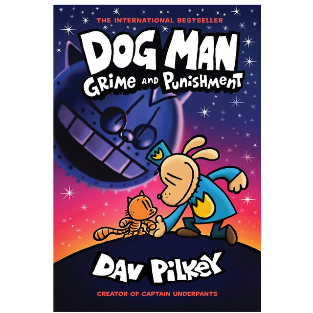 Cover of Dog Man #9: Grime and Punishment showing Dog Man with a cat and a purple shadowy figure in the sky.
