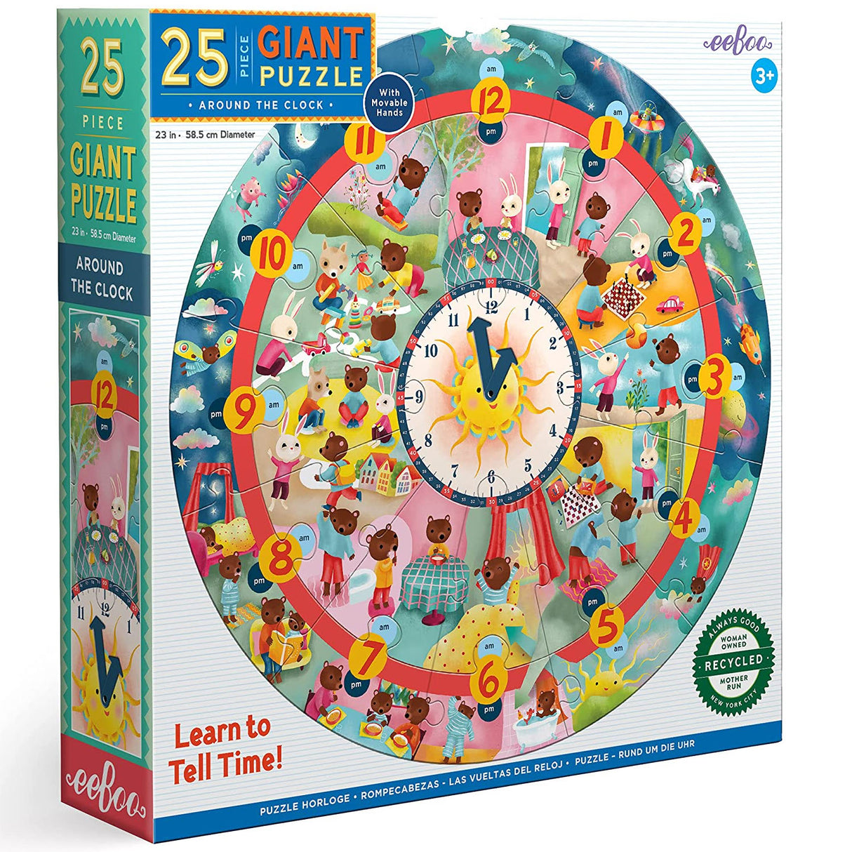 25pc Around the Clock Puzzle featuring 25 giant pieces and movable clock hands teaching time and 24-hour day concepts.